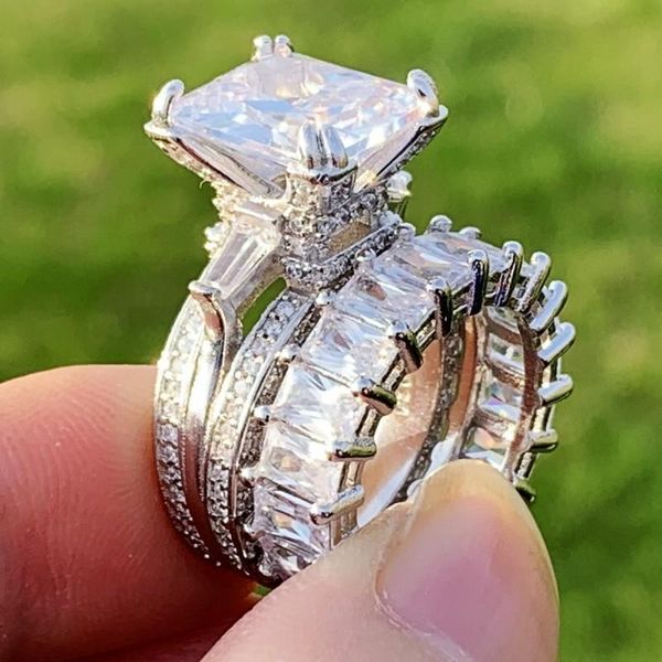 

6ct couple rings luxury jewelry 925 sterling silver princess cut white z eiffel tower party women wedding bridal ring set gift size 5-10, Slivery;golden