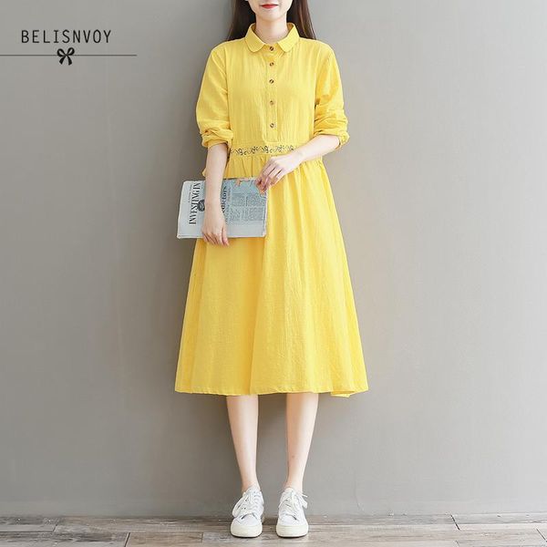 

women yellew navy blue dress spring autumn cotton linen embroidery long sleeve vintage dress loose vintage robe femme vestidos, Black;gray