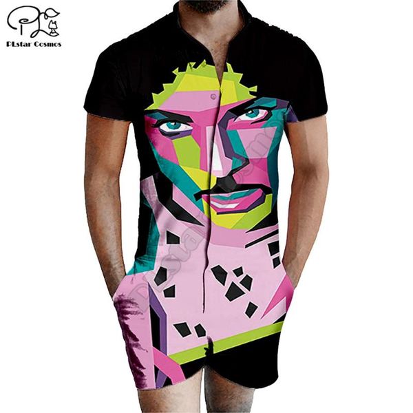 

plstar cosmos summer prince 3d printed zipper jumpsuit short sleeve one piece casual overalls outfits women for men, Gray