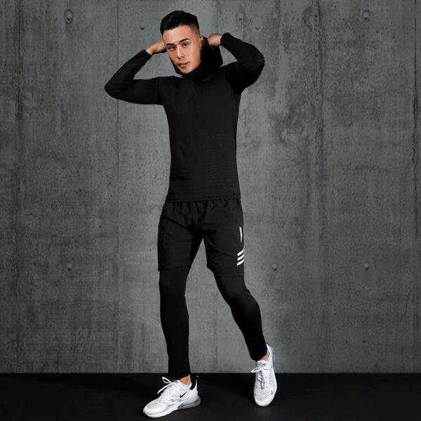 

shirt hat sports compression suit men's running suit basketball tights fitness clothes gym jogging sportswear 3 sets, Black;blue