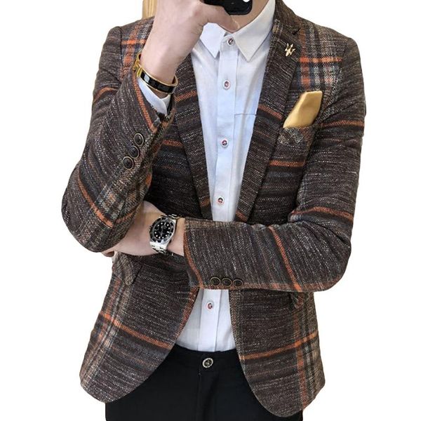 

men blazer slim fit designs korean elegante male plaid blazer masculino tweed button wedding casual mens jacket suit, White;black