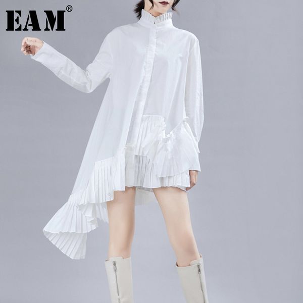 

eam] women blouse new stand neck long sleeve ruffles irregular casual loose fit shirt fashion tide spring autumn 2020 jz347, White