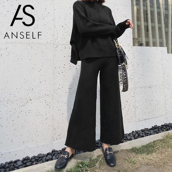 

women 2 piece set and pants suit knitted solid pullover wide legs pants side splits ribbed rolled hemline casua street wear, White