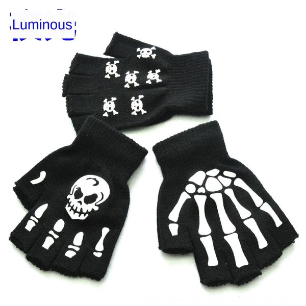 

winter warm knitted half finger halloween luminous fluorescent skull claw warm bicycle gloves printed cycling anti-slip gloves, Blue;gray
