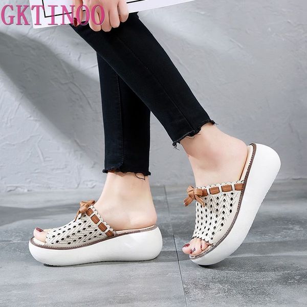 

gktinoo 2020 genuine leather women slippers platform casual bow retro women sippers open toe sandals hollow out handmade slipper, Black