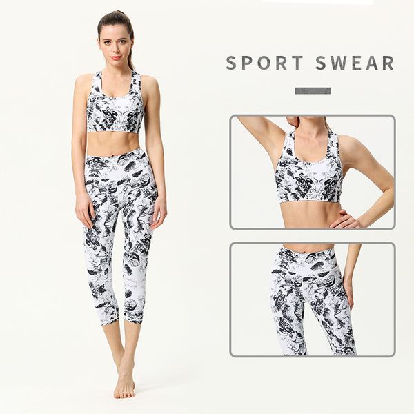 

yoga outfits set women workout clothes running sport clothing gym seamless sportswear printing sports wear cropped pants leggings, White;red