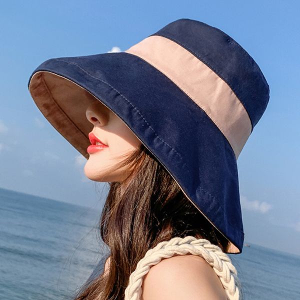 

anti-uv wide brim sun hat for women vacation summer panama foldable reversible bucket hat wide brim korean beach sun hat y200619, Blue;gray