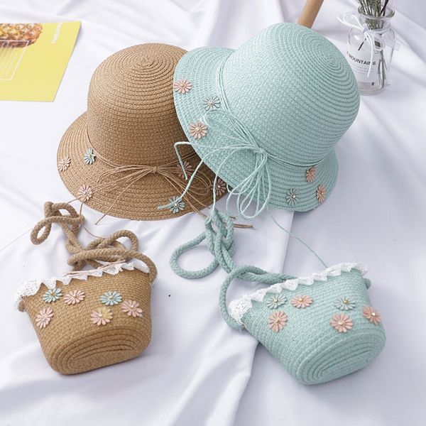 

w8sru korean style summer children's parent-child cute small satchel suit girl fisherman's basin straw satchel straw hat large eav, Yellow