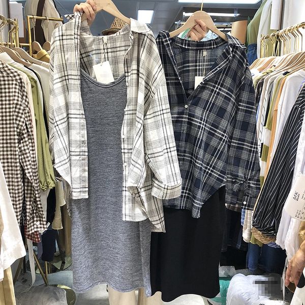 

oi6kf южная корея 2020 осень нового плед свободного контраст цвета лацкан однобортные рубашки трикотажный sling shirtshirt shirtsmall строп, White