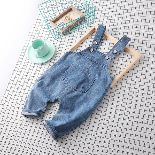 

baby autumn 2020 new children's denim belt pants men's and women's baby korean style big pocket belt pants, Blue