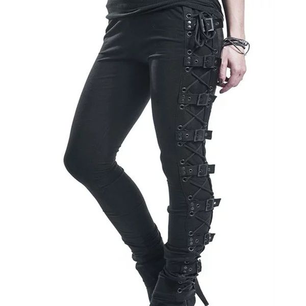 

steampunk punk women high waist pants black long pants rivets metal buckles cross straps performance trousers, Black;white
