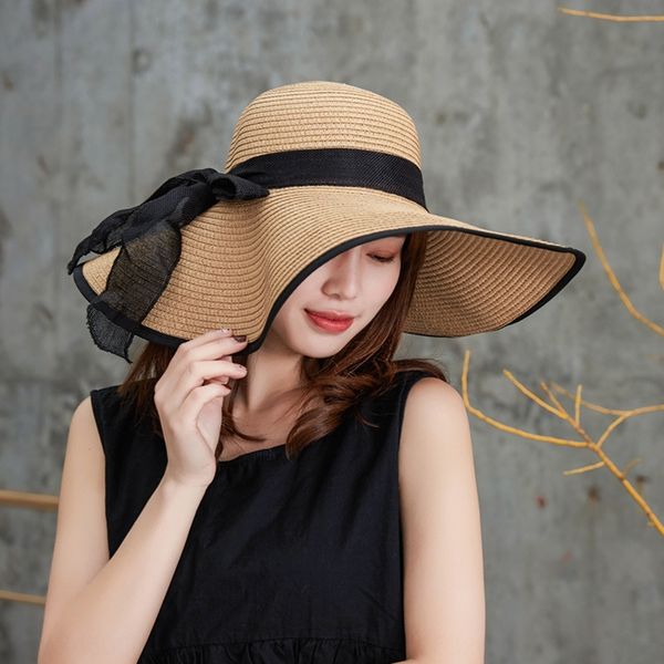 

female summer korean style sunscreen uv-proof sunscreen women's straw toque foldable large eaves sun beach sun hat travel straw hat, Blue;gray