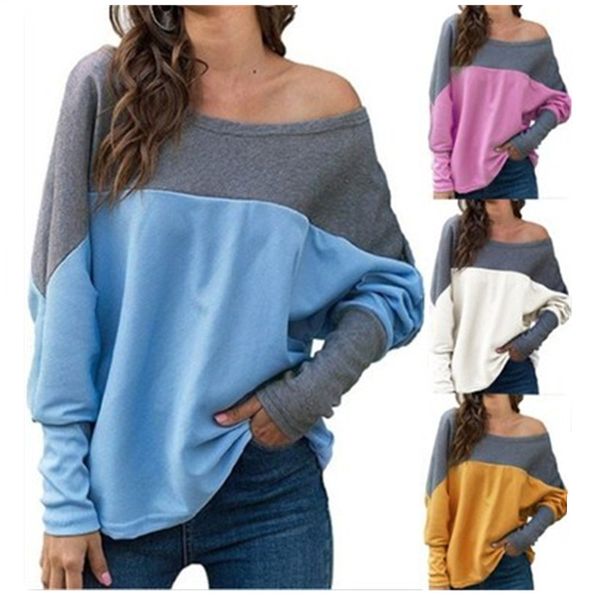 

womens bat shirt tee t-shirts designer female colorblock round neck long sleeves tees fashion trend loose casual plus size tshirts, White