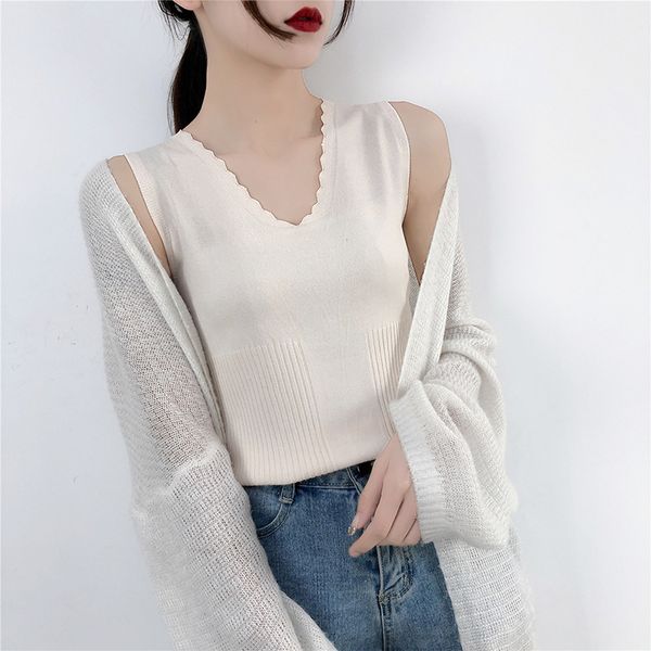 

women casual solid sleeveless knitted ice silk tank v-neck female all-match basic women slim tank new arrival, White