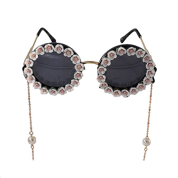 

new design fashion statement colorful flower summmer beach sunglass women handmade flower holiday gifts pearl golden chain sun glasses, White;black