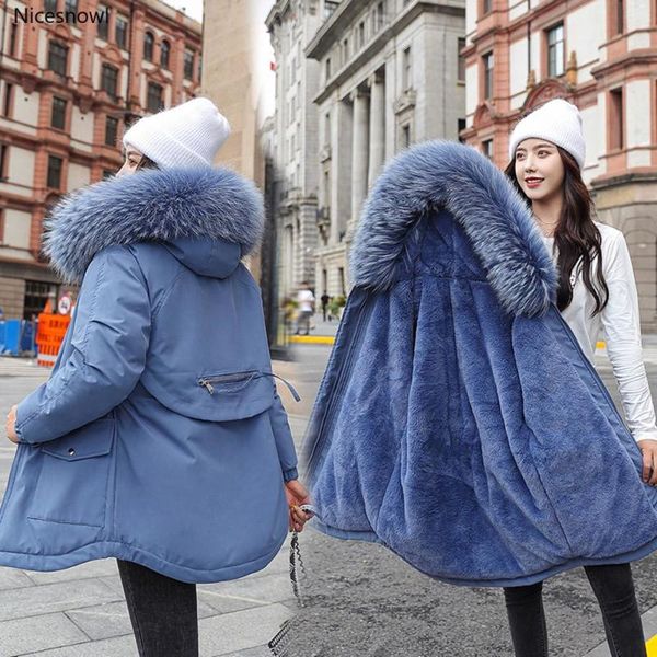 

women's down & parkas cotton thicken warm winter jacket coat women casual long fur lining hooded parka mujer coats, Black