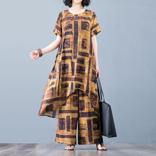 

tbdvn 19 summer wide leg pants pullover new cotton and linen casual women's clothing mid-length dress pullover t-shirt loose wide-leg p, Gray