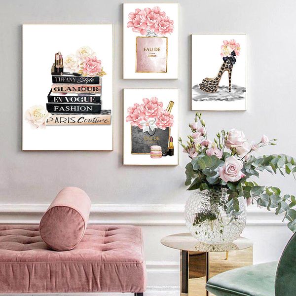 

розовый духи печати мода плакат макияж wall art poster vogue book высокие каблуки холст стены картины картины декора гостиной
