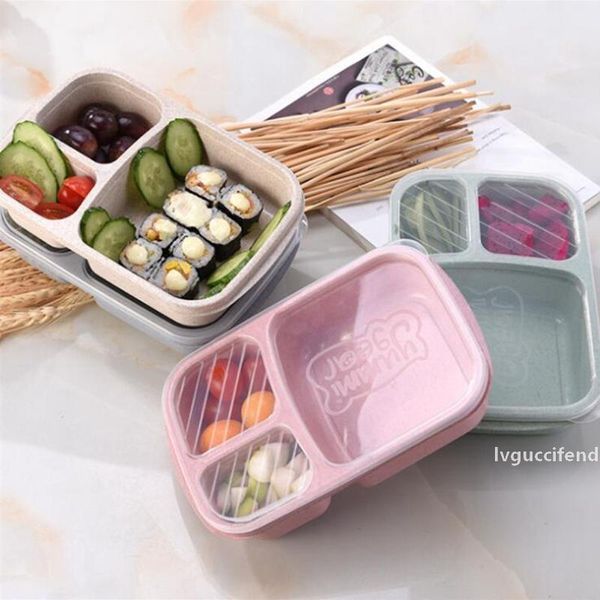 

wholesales 3 grid wheat straw bento box lunch box with lid student lunch boxes box dinner plates household supplies kitchen accessories