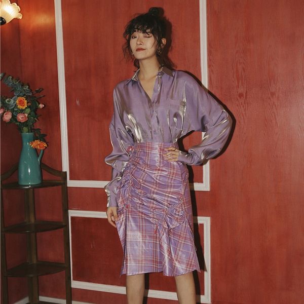 

design женщин долбанной девушка плед отражающая фиолетовый шнурок щель раскол раскол юбка юбка 2019 осень нового, Black