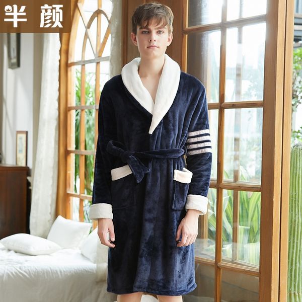 

half-face winter men's simple casual style thickened warm flannel long warm pajamas bathrobe pajamas nightgown outdoor bathrobe, Black;brown