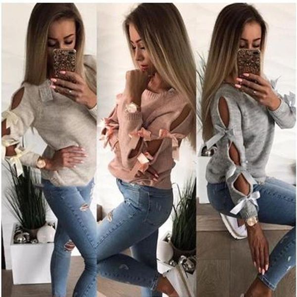 

color printed crew neck hollow out bandage casual female clothing autumn winter womens designer sweaters solid, White;black
