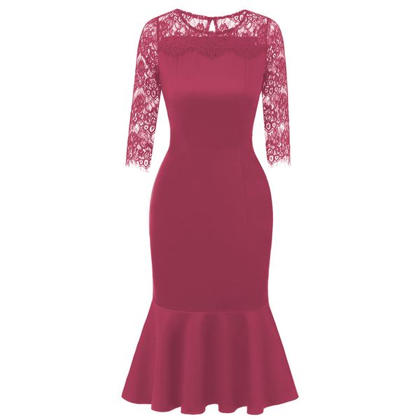 

2020 european and american ladies lace 3/4 sleeve mermaid slim dress 1107, Black;gray