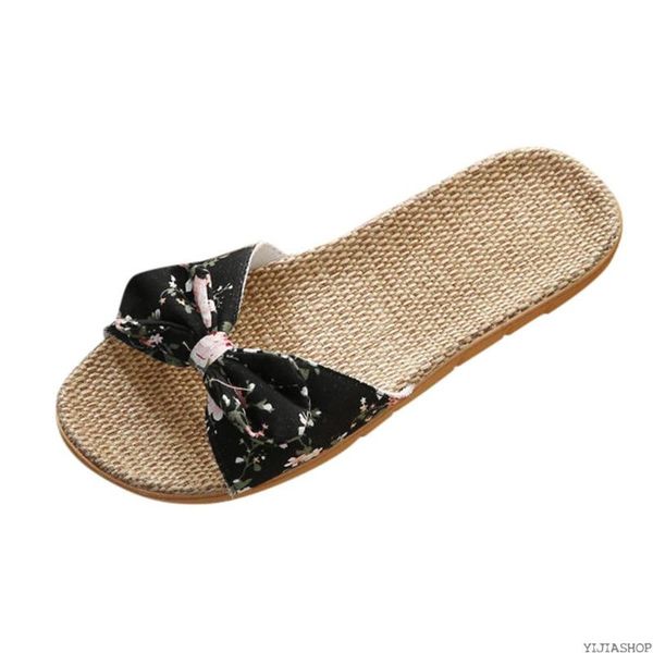

new women's bowknot linen linen flip flops women's beach bohemian flowers slippers shoes sandals slippers girls summer indoor sa, Black