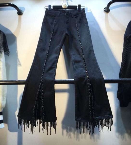 

european 2020 autumn new heavy diamond beads pearl tassel high-waist skinny jeans trousers women's denim flare pants, Blue