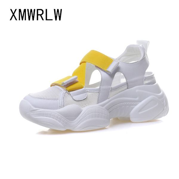 

xmwrlw genuine leather summer sandals for woman casual hook loop shoes mesh high heels sandals women 2020 summer closed toe shoe, Black