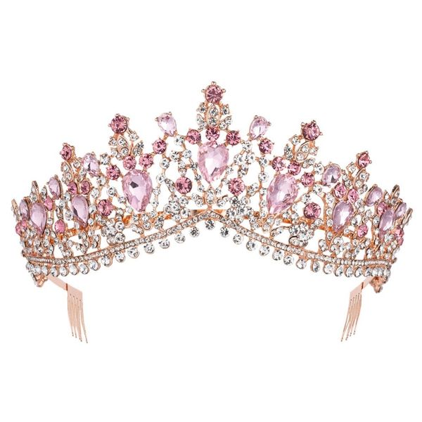 Barroco Rose Pink Gold nupcial Cristal Tiara Crown Com Pente Pageant Prom Rhinestone Veil Tiara Headband casamento cabelo Acessórios Y200727