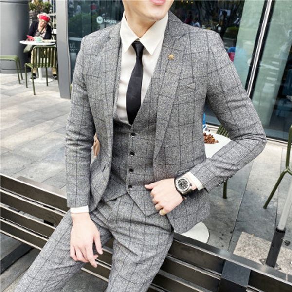 

2020 grey plaid suit mens wedding suits slim fit business male suit casual groom tuxedos 3 piece set (jacket+vest+pants, White;black