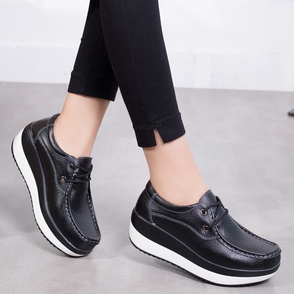 

new 2020 platform ladies genuine leather sneakers breathable women casual shoes woman fashion height increasing shoes plus size, Black