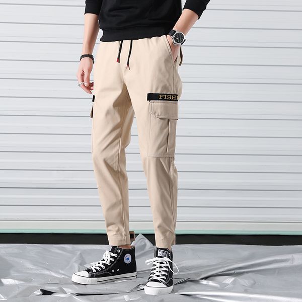 

aprilmomo 2020 новый мужской комбинезон моды письмо ситца тонкий повседневные брюки сплошные цвета multi-карман брюк, Black