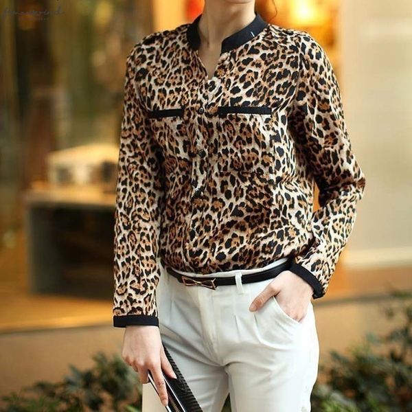 

shirt women long sleeve leopard print leopard pockets casual v neck women autumn spring warm blouse b1240, White
