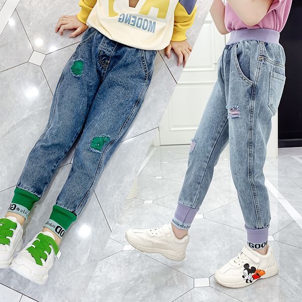 

девушки 2020 осень новый цвет пряжи изношенные джинсы и джинсы укороченные брюки стрейч рваные джинсовые брюки, Blue