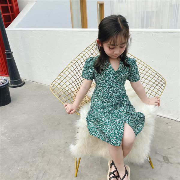 

2020 summer new baby girls short sleeve v-neck princess dresses toddler children sweet green fashion dress little kids clothes t200716, Red;yellow