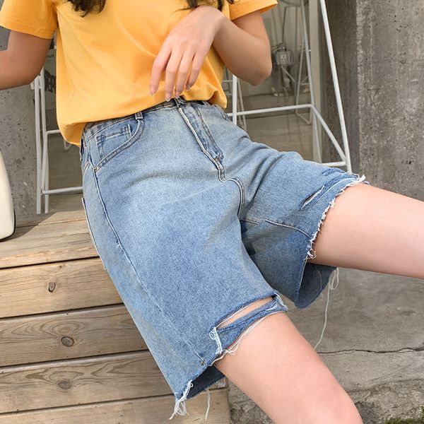 

light color hole denim shorts women's summer thin high waist slim straight hong kong flavor loose five-point wide leg shorts, Blue