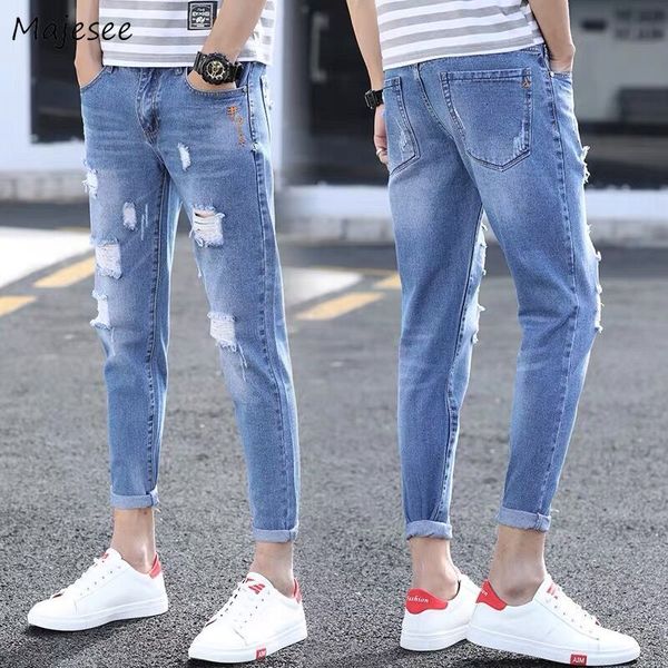 

men jeans holes ankle-length washed leisure mens straight denim trousers teens chic streetwear all-match big size 34 vintage new, Blue
