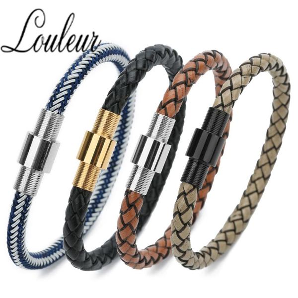 

vintage genuine leather magnetic clasp leather bracelet men fashion braided handmade star rope wrap bracelets & bangles gifts, Black