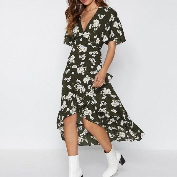 

elegant floral print long dress 2020 women boho style beach dress fashion ruffles v neck sundress vestidos de fiesta, Black;gray
