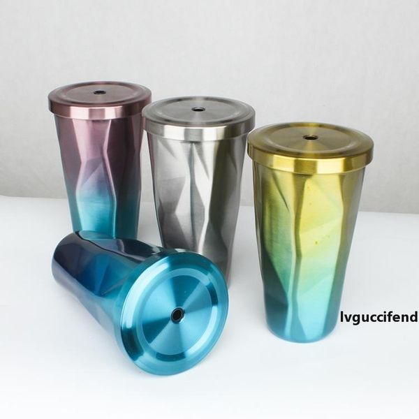 

gradient color cups mug water bottles portable drinkware tumbler stainless steel with straw 500ml mug travel cups double wall