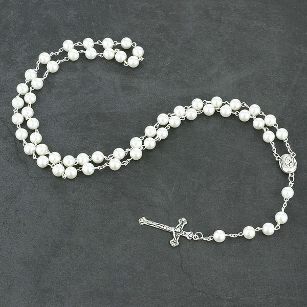 

virgin mary cross pendant necklace prayer catholic rosary necklace for women religious jewelry simulated pearl necklaces beaded, Silver
