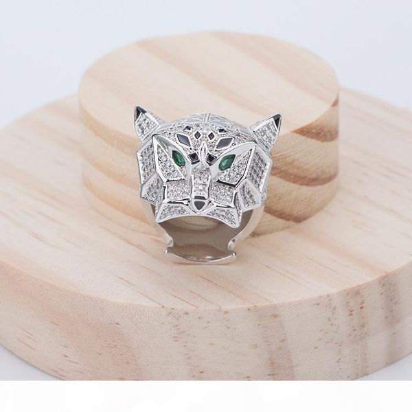 

y y fashion lady brass full diamond green eyes zircon leopard head 18k gold wedding engagement rings 3 color size6 -9, Golden;silver