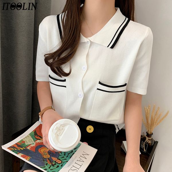 

itoolin 2020 new shirt for women knitted cotton button shirts female blouse sleeves working office golf shirts summer, White