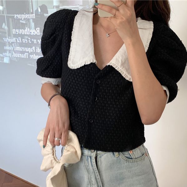 

женщины блузы 2020 summer tweed crop top vintage puff sleeve plaid blusas sexy v-образным вырезом рубашки короткие топы корейских одежда для, White