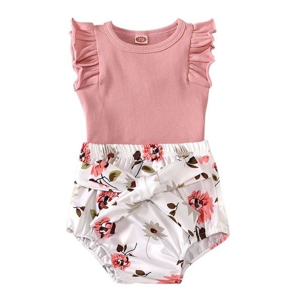 

new 0-18m summer toddler baby girls boys clothes sets solid print sleeveless floral romper shorts2, White