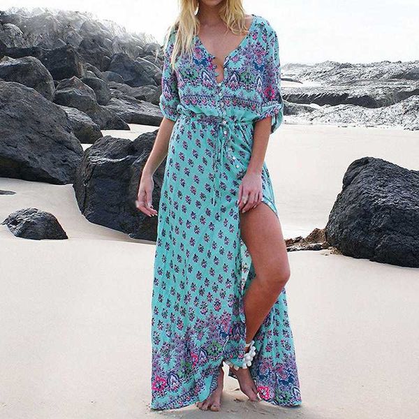 

women's swimwear bohomian women maxi half sleeved split long dress summer v neck floral print beach party dresses vestidos, White;black
