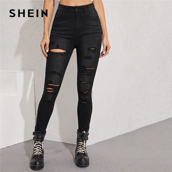 

shein black frayed edge ripped skinny cropped jeans women bottoms autumn shredded casual mid waist denim trousers, Blue