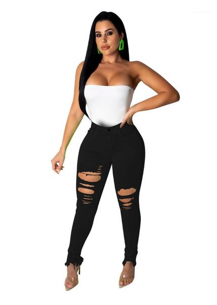 

spring summer womens denim pants 6colors ripped hole solid womens designer jeans solid color pencil pants with pocket skinny fitness, Blue